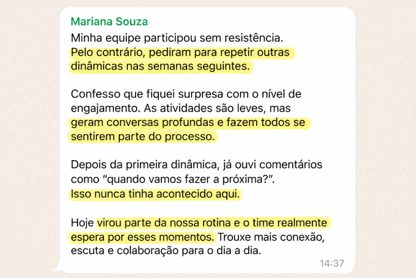 Depoimento de Mariana Souza, Gerente de vendas, sobre o Dinâmicas Magnéticas